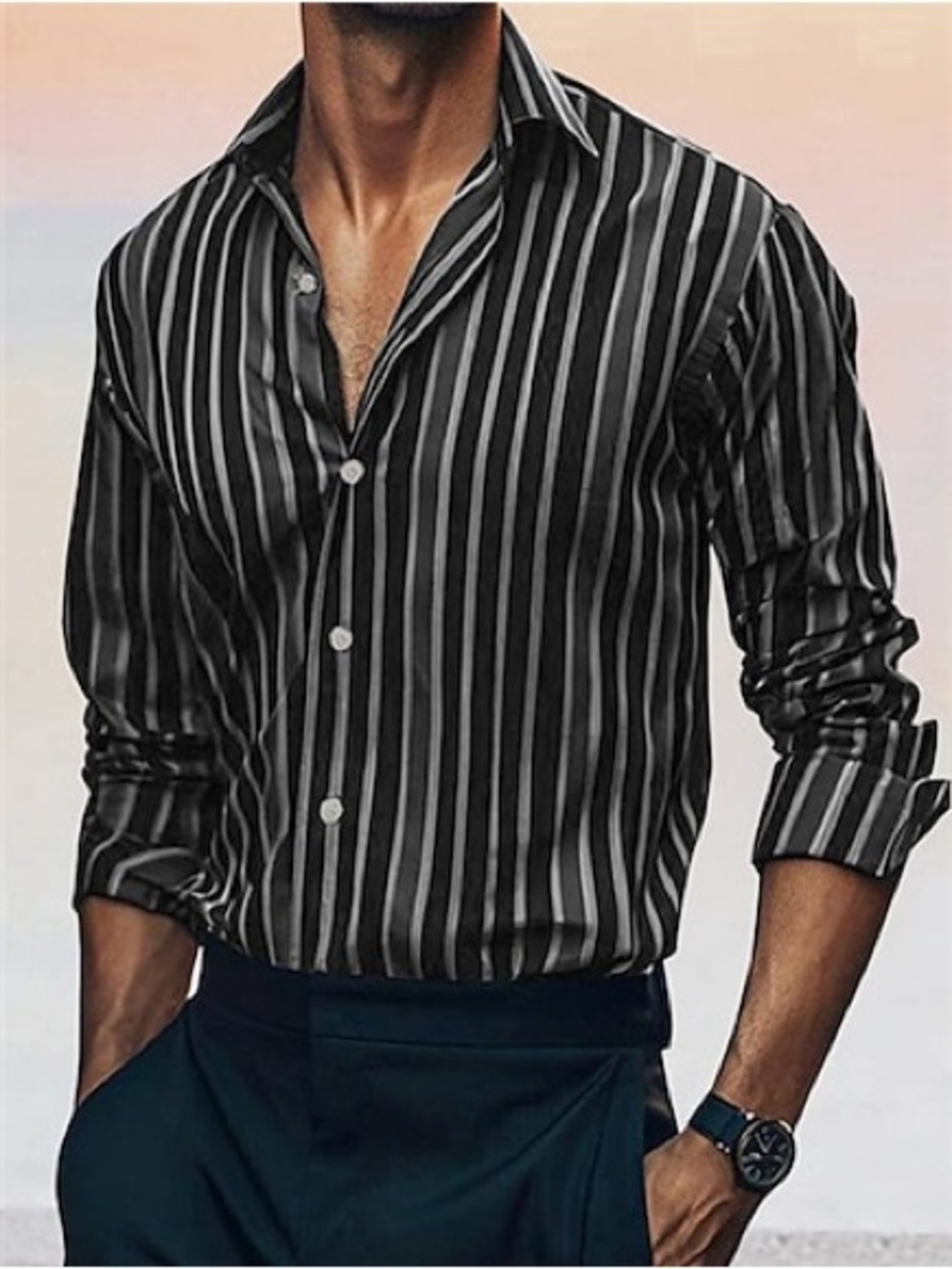 Perry Ellis Black and Gray Vertical Stripe Button-Down Shirt